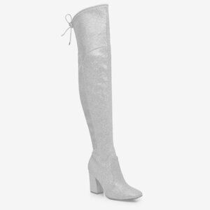 Silver Glitter Over the Knee Boots Square Toe